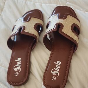 SHEIN Brown and Cream H-Design Sandals